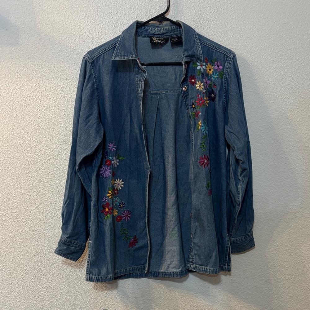 Silver Threads Embroidered Denim Shirt with Floral Design